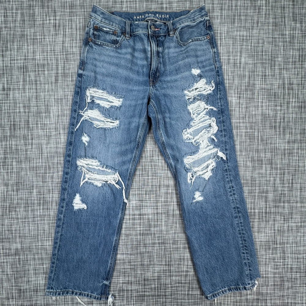 American Eagle Ex Boyfriend Jeans Womens 2 Short Blue Distressed Cotton Denim